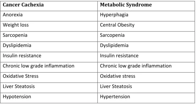 Table 1 – Main characteristics of Cancer cachexia and Metabolic Syndrome  