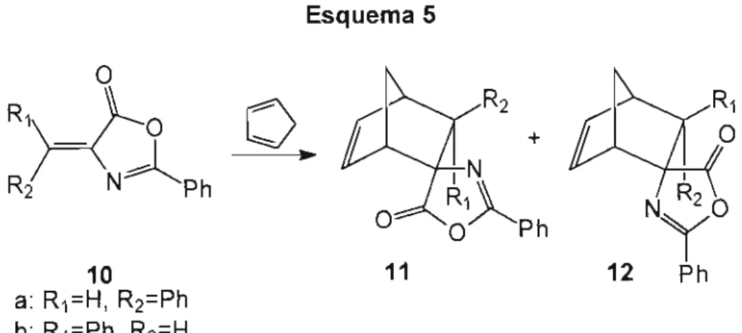 Tabela 3 - Resultados obtidos para a reação entre (Z)-2-fenil-4- (Z)-2-fenil-4-benzilideno-5-(4H)-oxazolona (10a) e ciclopentadieno (2)
