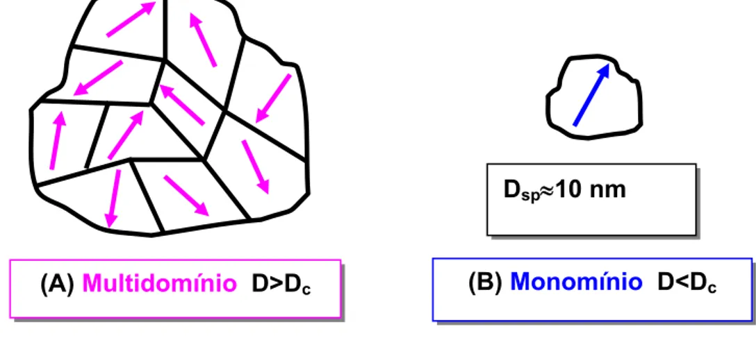FIGURA 3.4 – Esquema de dois materiais ferromagnéticos exibindo estrutura de                           multidomínios (A) e de monodomínio (B)