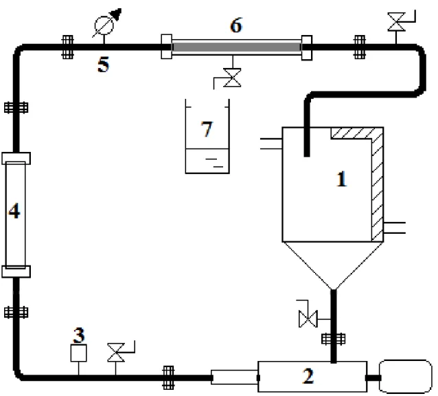 Figura 9 - Esquema do equipamento utilizado para a análise experimental: (1) tanque de  alimentação; (2) bomba hidráulica; (3) controle de pressão; (4) rotâmetro; (5) 