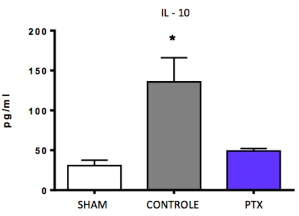Gráfico  3.  Valores  das  médias  ±  epm  dos  níveis  séricos  de  IL-10.*Grupo  de  ratos  submetidos a I/R sem tratamento (controle) vs grupo de ratos tratados com PTX