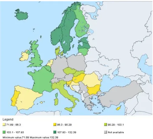 Figura 3 – Classes de valores do HPI para o terceiro trimestre de 2013 (fonte: Comissão Europeia/Eurostat)
