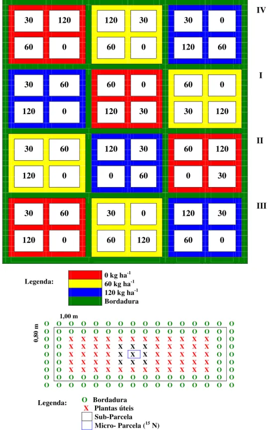 Figura 2 – Croqui da área experimental, definindo blocos, parcelas e subparcelas  IVI II  III Legenda: Legenda: 