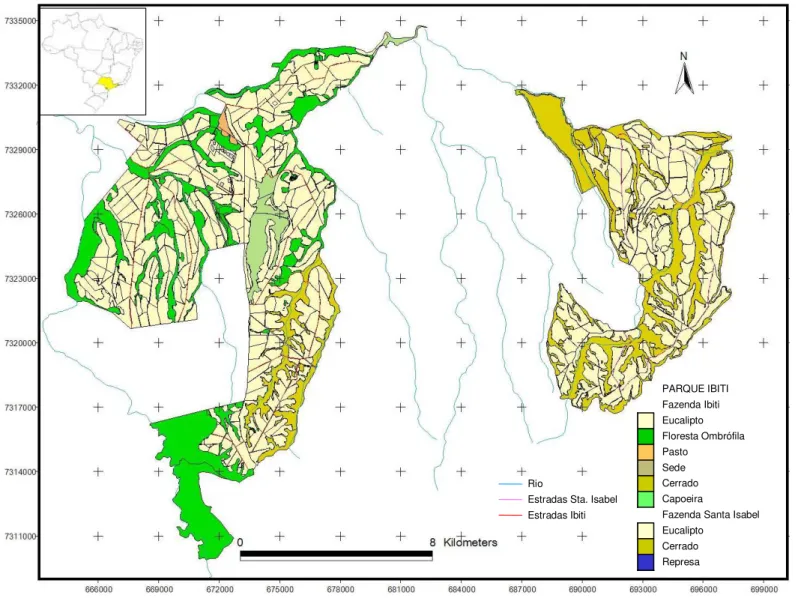 Figura 3 – Cobertura e uso do solo das Fazendas Ibiti e Santa Isabel, Parque Ibiti, nos municípios de Itararé e Itapeva, no sudoeste do Estado de São Paulo 