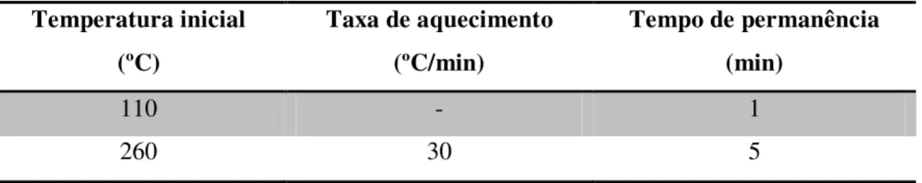 Tabela 6. Programação da temperatura da coluna cromatográfica. 