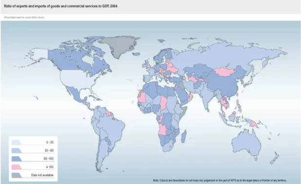 Figura 10: rácio das exportações e importações de bens e serviços no PIB (2004 em %). 