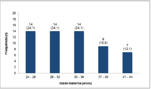 Figura 3 -  Histograma de distribuição da idade materna, por faixa etária, de  58 gestantes com antecedente moderado ou grave de doença  hemolítica perinatal - HCFMUSP - 2006 a 2014
