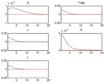 Figure 2: Area wide variables’ impulse responses to a common preference shock (ξ b t ).