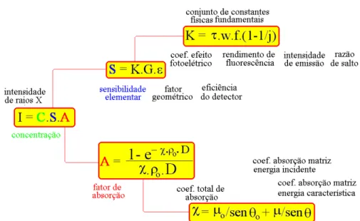 Figura 3.12 - Representação esquemática da dependências entre as variáveis na equação  fundamental de fluorescência de raios X para feixe monoenergético (NASCIMENTO FILHO, 1999)