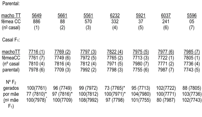 Tabela 2 - Relações de parentesco nas famílias originadas do cruzamento TC 