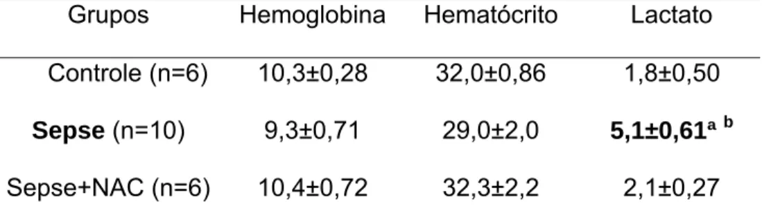 Tabela 6. Dados de Hemoglobina, hematócrito e lactato – final VMI   Grupos Hemoglobina Hematócrito  Lactato  Controle (n=6)  10,3±0,28  32,0±0,86  1,8±0,50 