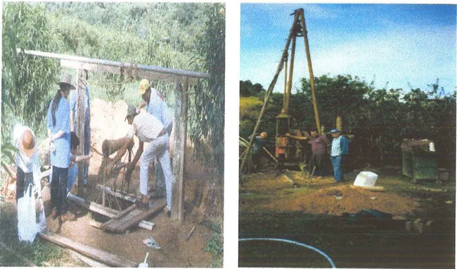 FIGURA  6.4.Imagens  fotográficas  do poço cacimba, durante  a  coleta  de amostras  e a  perfi.rratrizutllizada  na execução  do  poço  de  monitoração  II.