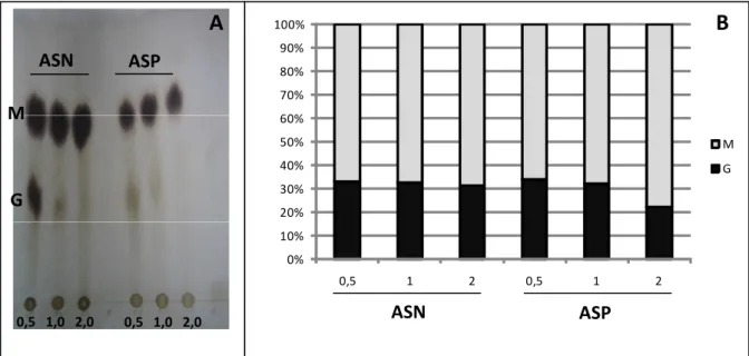 Figura 8: A- Cromatografia em papel das amostras ASN e ASP hidrolizadas em três condições diferentes: 0,5; 