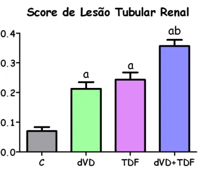 Figura  5  –  Score  de  lesão  tubular  renal  de  ratos  controles  (C,  n=5),  deficientes  em  vitamina  D  (dVD,  n=7),  controles  que  receberam  Tenofovir  (TDF,  n=6)  e  deficientes  em  vitamina  D  que  receberam  Tenofovir  (dVD+TDF, n=9)