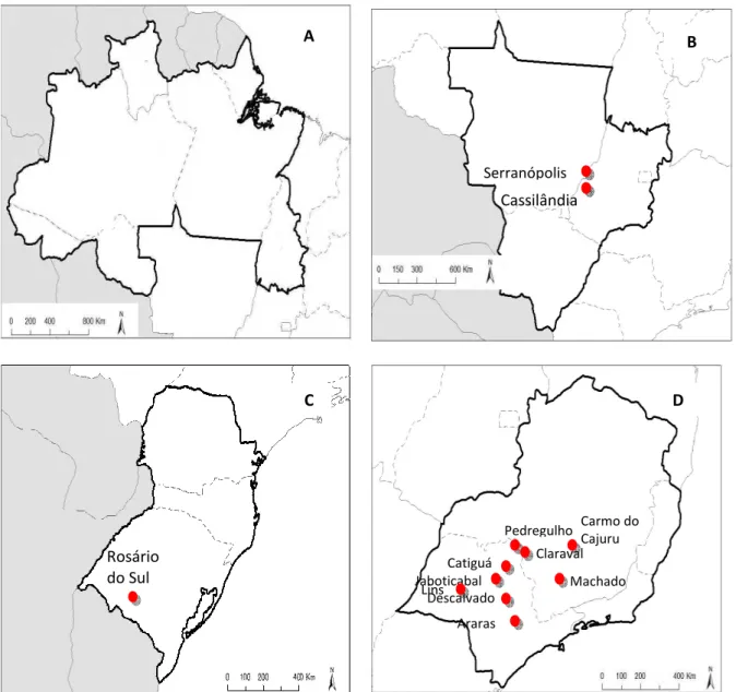 Figura 4 -  Localização  geográfica  dos  municípios  onde  foram  coletadas  as  amostras  positivas  para  BoAstV, nas regiões Centro-Oeste (B), Sul (C) e Sudeste (D) do Brasil