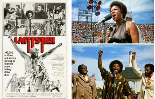 Figura 8. Cartaz do documentário Wattstax (1976) e imagens do filme: uma das cantoras do grupo  The Staple Singers, e, abaixo, imagem do discurso de Jesse Jackson (ao centro), com o  representante da Schlitz Beer, marca de cerveja patrocinadora do evento, 