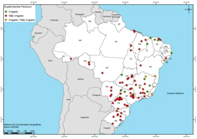 Figura 1 -Distribuição geográfica de experimentos realizados com Panicum no Brasil nos anos de  2002 a 2011 