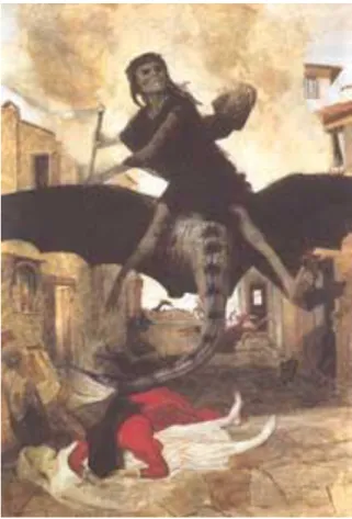 Figura  5  –  A  pintura  “A  Pestilência”,  do  suíço  Arnold  Bocklin (1827-1901), retrata a peste  voando pelas ruas da  cidade com uma foice em punho e disseminando a morte