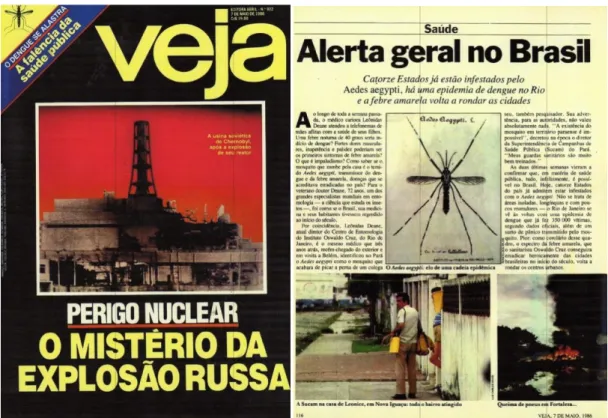 Figura  9  –   A  revista  Veja  de  7  de  maio  de  1986 trouxe  em  destaque  a  reportagem  sobre  a  disseminação  do  mosquito  da  dengue  no  Brasil  e  o  registro  da  primeira  grande  epidemia  no  Rio  de  Janeiro