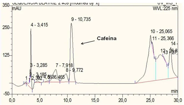 Figura 6 – Cromatograma do extrato aquoso do pó de guaraná. O pico nº. 9 refere-se à cafeína 