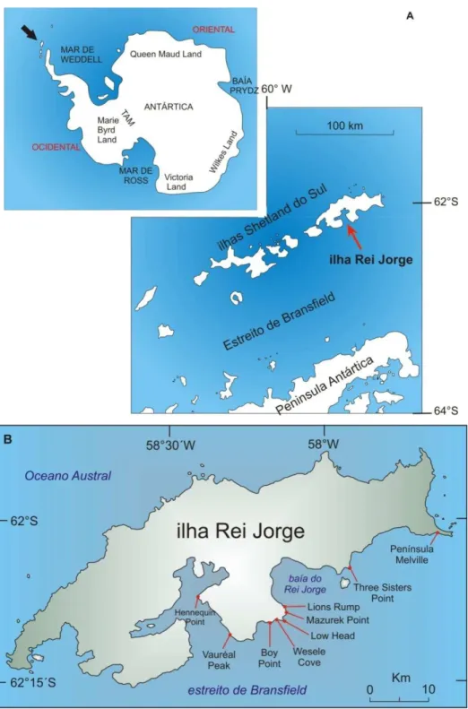 Fig. 2  –  (A) Mapa mostrando a localização da ilha Rei Jorge na Península Antártica (Modificado de  Birkenmajer et al