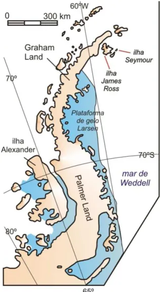 Fig. 3 – Localização das ilhas Seymour e James Ross na Península Antártica (Modificado de Francis et  al