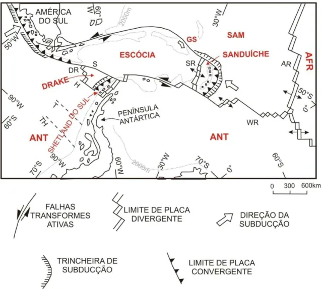 Fig. 5 – Mapa com o contexto geotectônico atual da região da Península Antártica. Placas: AFR= 