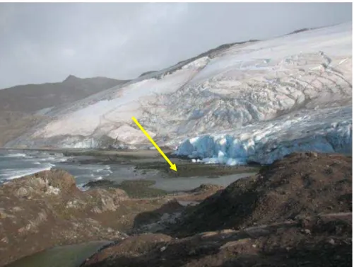 Fig. 12  –  Vista geral dos afloramentos, a partir do bloco alto da falha. Notar afloramento dos basaltos (em  primeiro plano) e o local onde estão as rochas sedimentares (seta)
