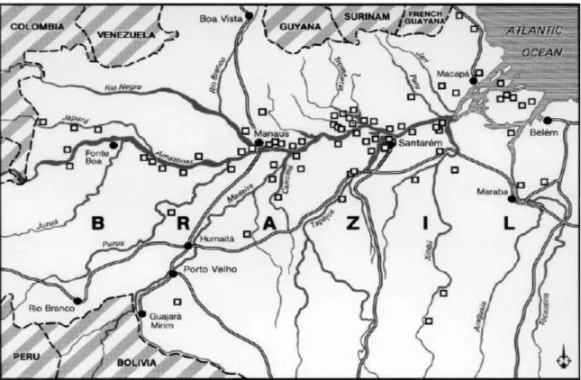 Figura 1.1 – Localização de sítios arqueológicos de Terra Preta na Amazônia Central  Fonte: Glaser (2007) – modificado e citado por Glaser e Birk (2011)
