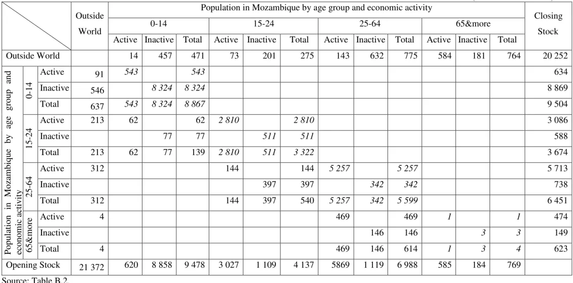 Table 8: SDM for Mozambique in 2007 - second level of disaggregation: by age group and economic activity