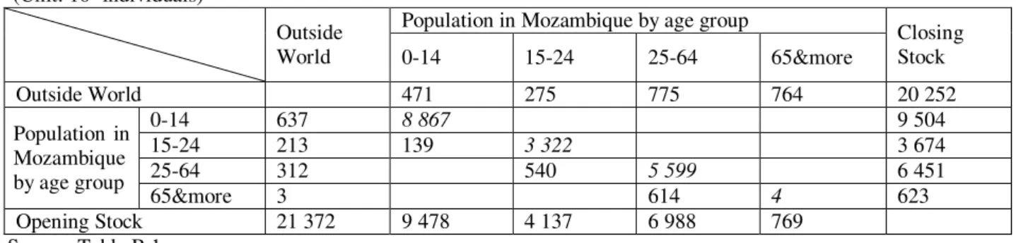 Table 7: SDM for Mozambique in 2007 – first level of disaggregation: by age group. 