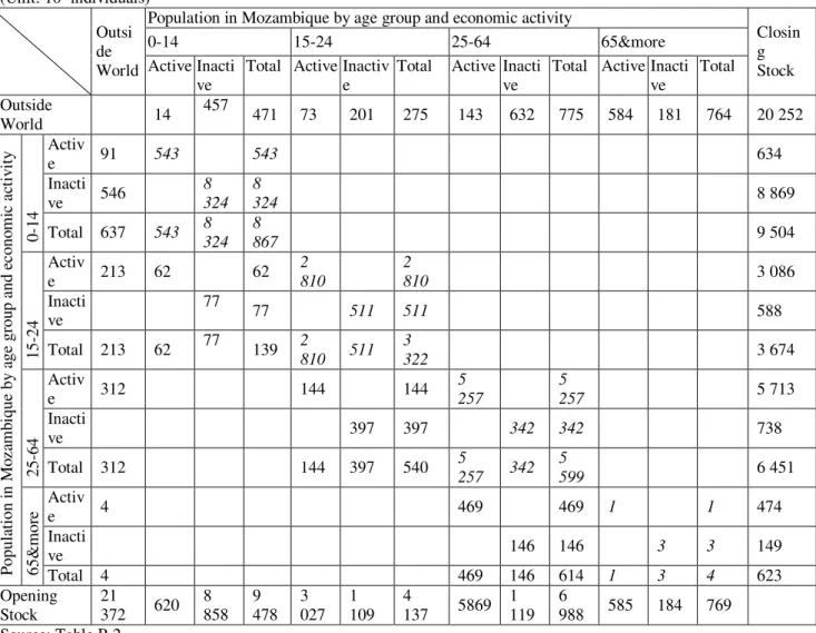 Table 8: SDM for Mozambique in 2007 - second level of disaggregation: by age group and economic activity