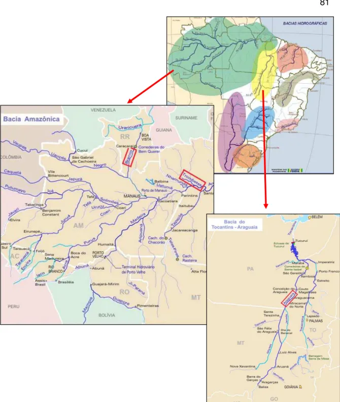 Figura 3.1 - Bacias Amazônica e Tocantins/Araguaia com destaque para a localização dos rios Branco, Trombetas e  Araguaia (Fonte: Ministério dos Transportes) 