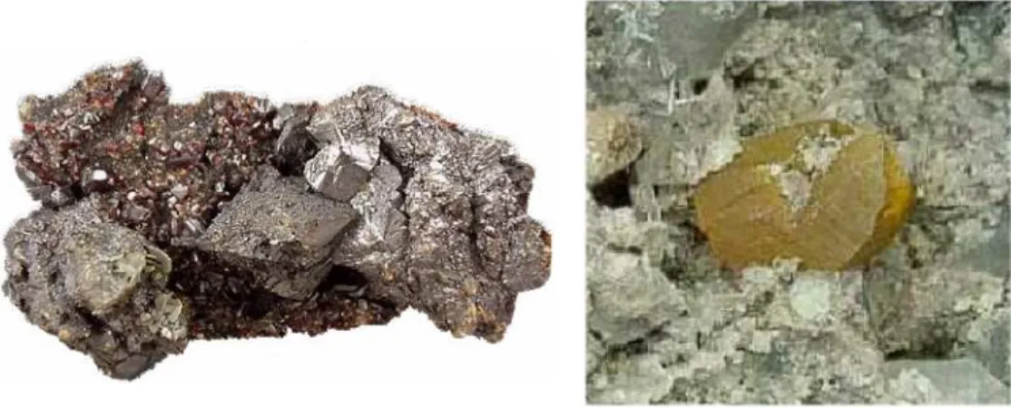 FIGURA 8. Cristal de esfalerita (Composição - Sulfeto de zinco. 67,0% Zn, 33,0% S), e cristal de greenockita encravado em uma rocha (Composição - Sulfeto de cádmio