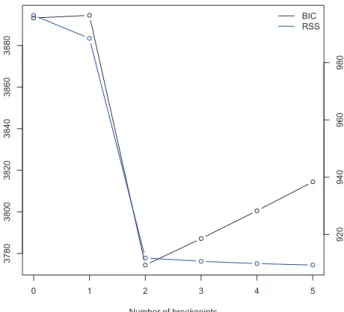 Figure 5: BIC (and RSS) values for different number of breakpoints.