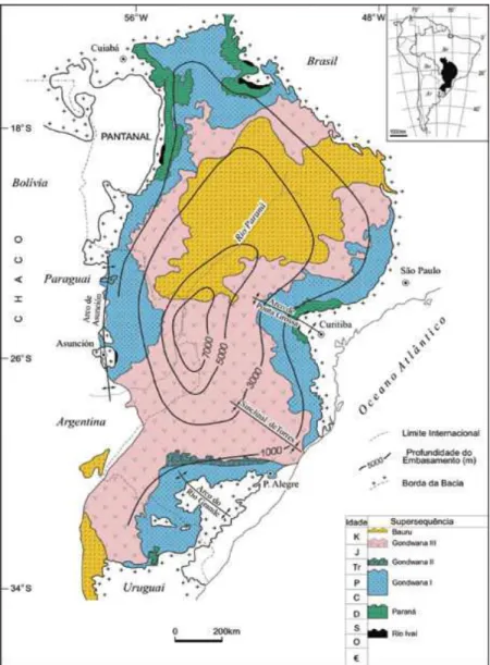 Figura 4 Mapa  geológico  simplificado  da  Bacia  do  Paraná,  com  isolinhas  de  profundidade  e  contorno  estrutural  #&#34; $+) ( +$&amp;*&#34; ' (* &amp;&#34;9