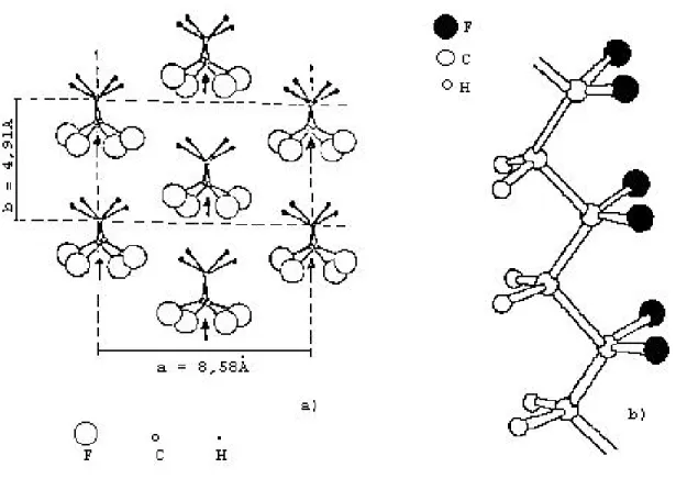 Figura 2 - Forma  β  polar do PVDF: (a) Representação esquemática  da célula unitária  [31] ; (b) Conformação molecular  [28] 