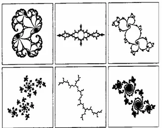 Fig. 1 – Conjuntos de Júlia (extraídos de  CAPRA, 2000, p.124).  Esses conjuntos  de formas são “invariantes de escala” e  fazem parte de uma geometria muito  particular, a geometria fractal definida  por Mandelbrot em 1975