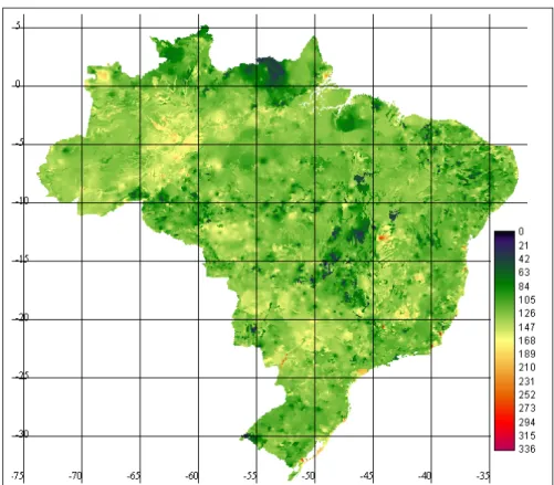 Figura 2 - Capacidade de armazenamento de água no solo, em mm, para o primeiro metro do solo para o  Brasil