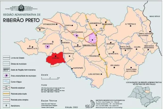 Figura  1.  Localização  da  cidade  de  Guariba  na  região  administrativa  de  Ribeirão Preto (SP)  