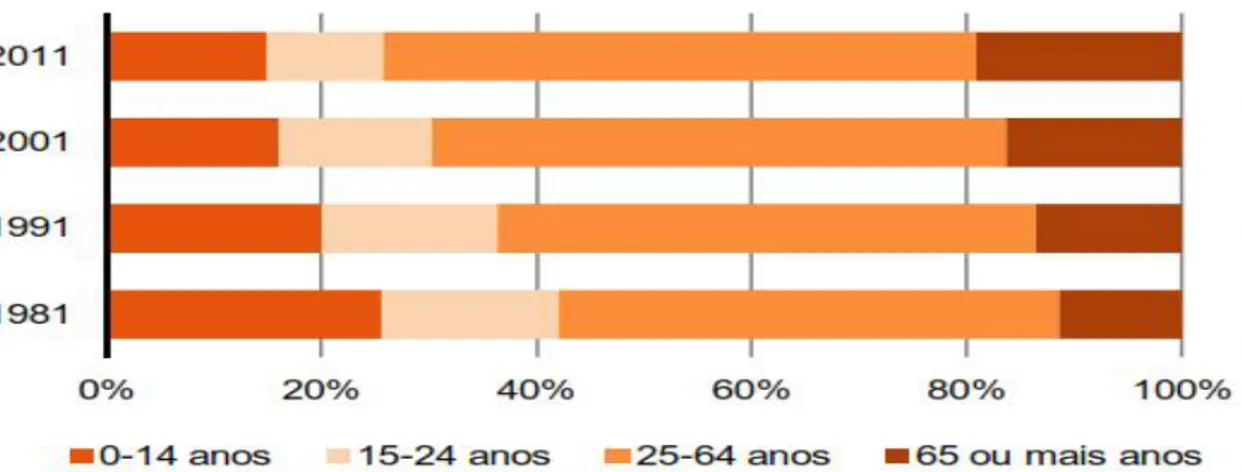 Figura 3- Estrutura da população residente em Portugal por grupos etários em 1981, 1991, 2001 e 2011 Fonte: INE
