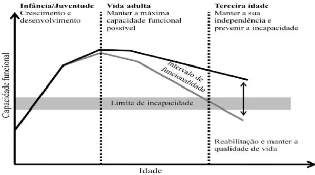 Figura 7- Curva de capacidade funcional ao longo do ciclo vital Fonte: “Active ageing: a policy Framework, WHO, 2002 (adaptado)