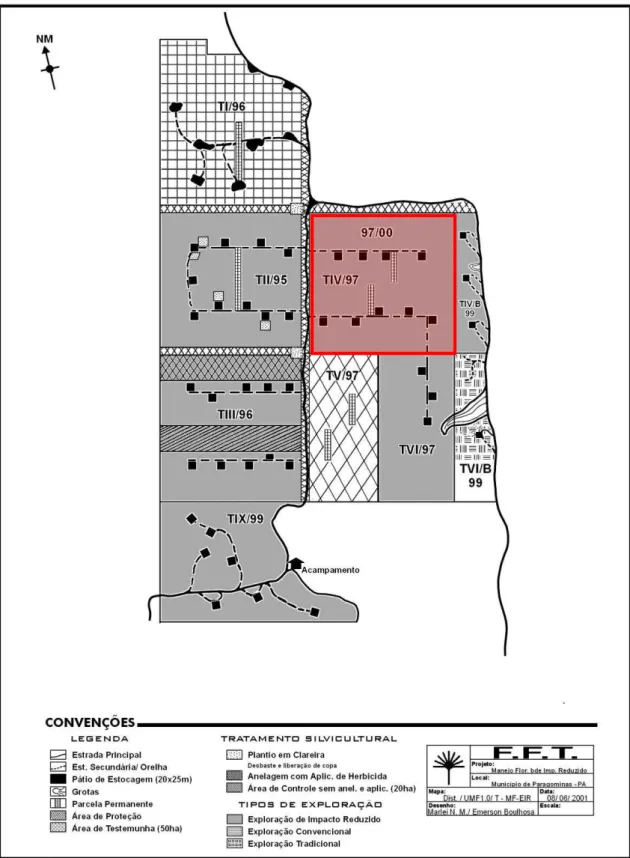 Figura  3  -  Unidade  de  Manejo  Florestal  1.0  na  qual  se  localiza  a  área  explorada  em  1997  (TIV/97)  (Fonte: 