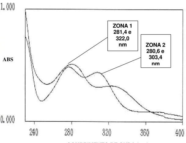 Figura  9 - Espéctro ultra violeta de absorção de eluentes das zonas de inibição 1 e 2 obtidas  a partir da bioautografia com penicillium digitatum em placas de sílica gel (sio 2  x h 2 o 20; 20 cm; g 60 f 254 nm  (whatman) com indicador de luminescência e