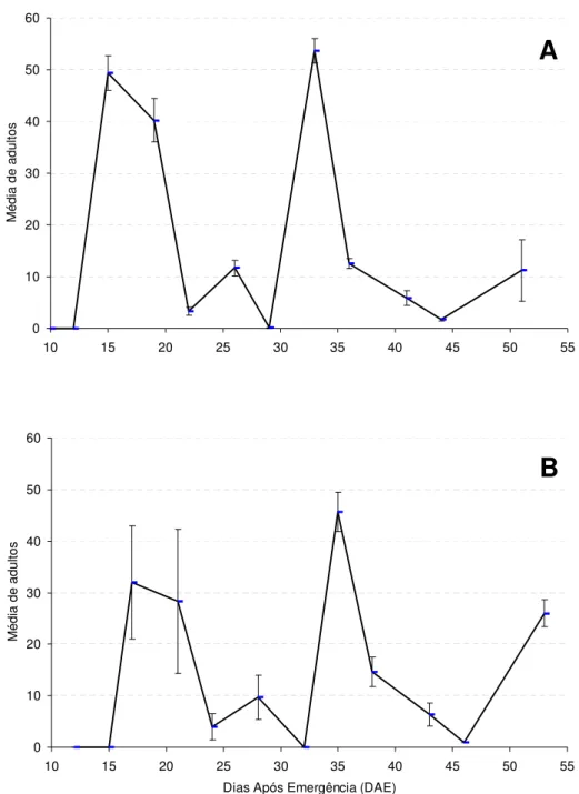 Figura 1: Flutuação populacional de adultos (média ± EP) de Spodoptera  frugiperda  (Lepidoptera: Noctuidae) capturados por armadilha com feromônio sexual em  área MIP (A) e Convencional (B) de produção de milho-semente