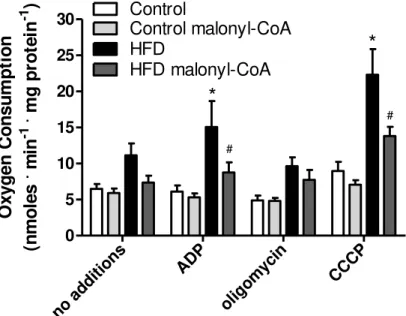 Figura  9:  Respiração  mitocondrial  por  palmitoil-carnitina.  Mitocôndrias  foram  incubadas nas mesmas condições da Figura 4 C, na presença de palmitoil-carnitina 50 µM  ao invés de succinato