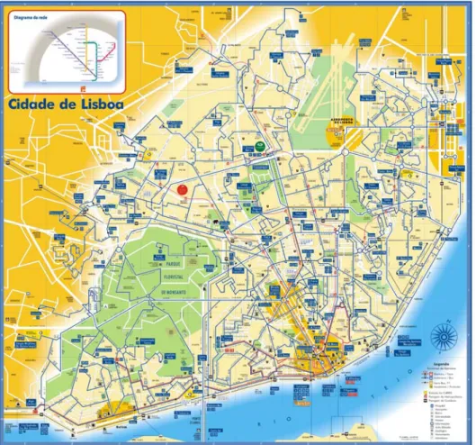 Figura 7.4 - Planta da cidade de Lisboa e traçado dos percursos realizados pela frota da empresa (fonte: 