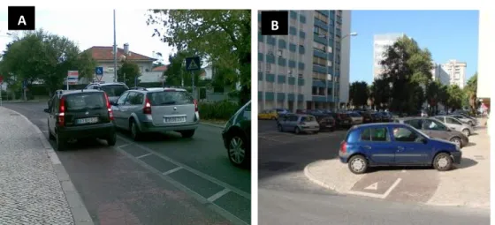 Figura 8  –  A) Automóvel em ciclovia; B) Automóvel estacionado em ciclovia. Fonte: 
