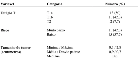 Tabela  2  –   Estadiamento  do  tumor  primário  (T),  classificação  de  risco  e  tamanho  do  tumor 