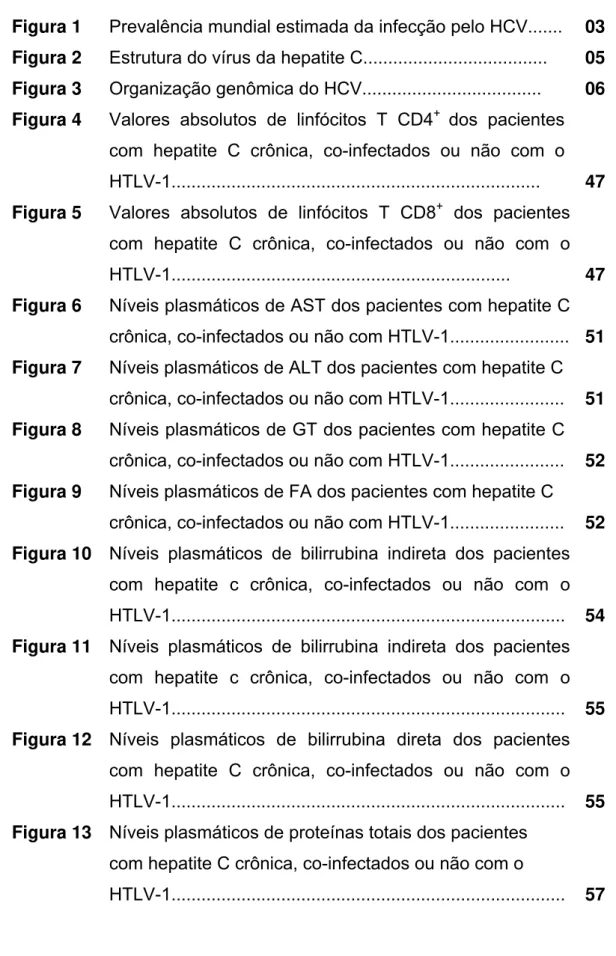 Figura 1  Prevalência mundial estimada da infecção pelo HCV.......  03  Figura 2  Estrutura do vírus da hepatite C....................................